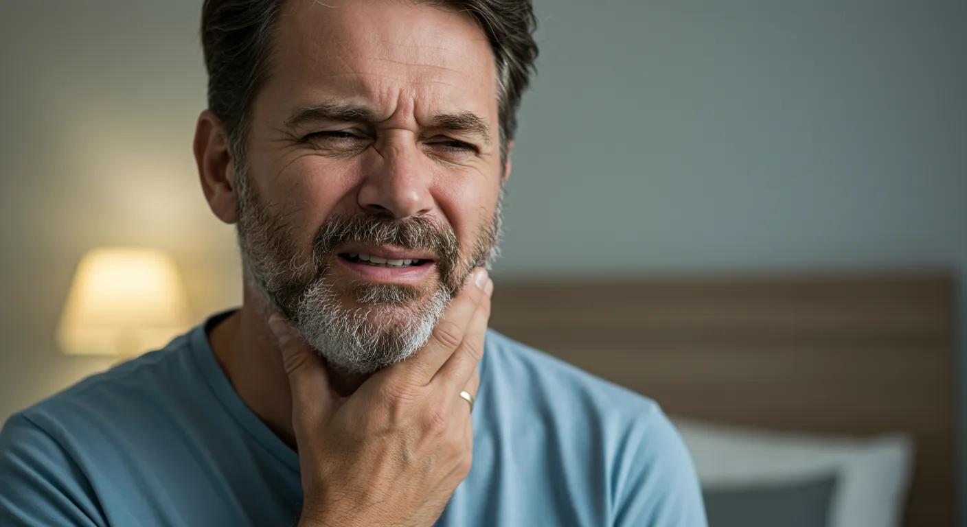 Person experiencing severe toothache, holding jaw in discomfort