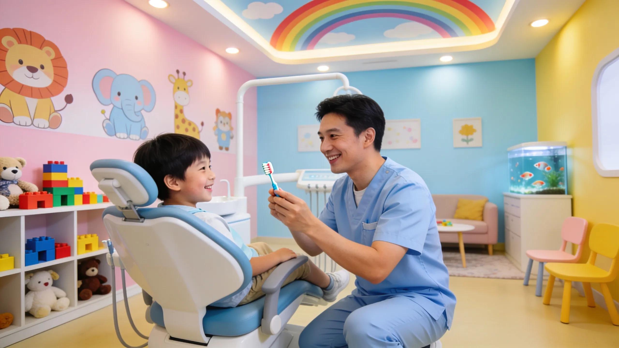 Family dentist office with a child and dentist in a colorful and welcoming environment